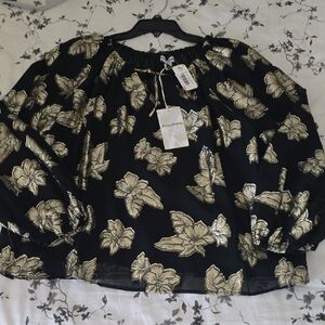 Tommy Bahama Black Blouse with Gold Floral Foil, Sz M NWT